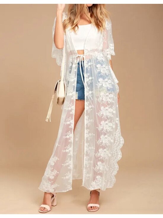 Lulus Jackets & Blazers - Lulus Sz XS Sheer White Lace Duster Kimono Floral NWT Ethereal Fairy Bridal